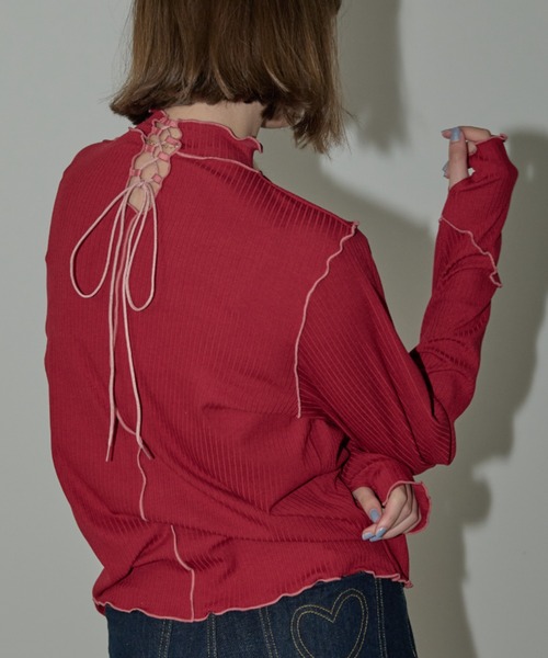 idem（イデム）の「lace up mellow tops/レースアップメロウトップス（Tシャツ/カットソー・レディース・アイボリー/ブラック/レッド・FREE）」の3枚目の写真