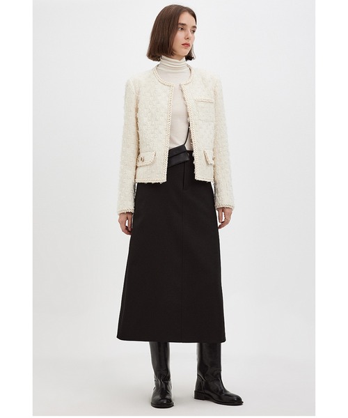 ノーカラージャケット ホワイト ブラックアクセント ジャガードパイピングノーカラージャケット FQ23W096【Fano