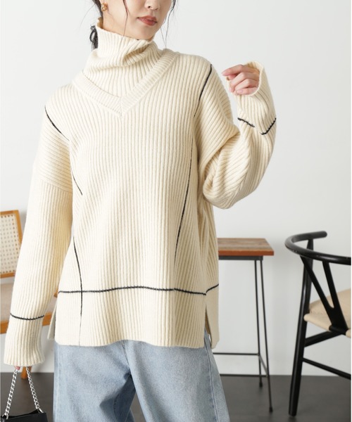 FREE'S MART（フリーズマート）の「◆２ＷＡＹネックウォーマー付きニット（ニット/セーター・レディース・ライトグリーン/オフホワイト/ブラック・FREE）」の5枚目の写真