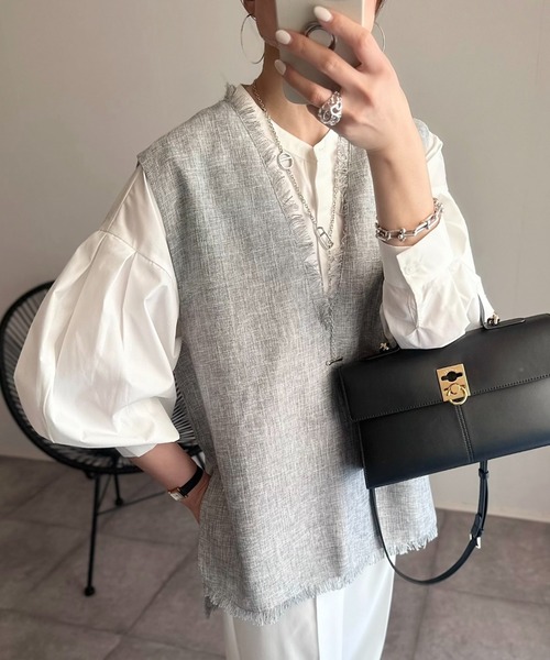 Eclat one（エクラワン）の「フリンジ ツイード ベスト（ベスト・レディース・アイボリー/ブラック/ライトグレー・FREE）」の11枚目の写真