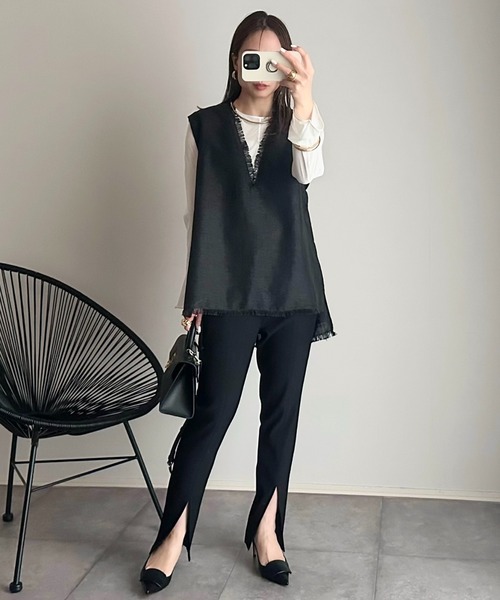 Eclat one（エクラワン）の「フリンジ ツイード ベスト（ベスト・レディース・アイボリー/ブラック/ライトグレー・FREE）」の8枚目の写真