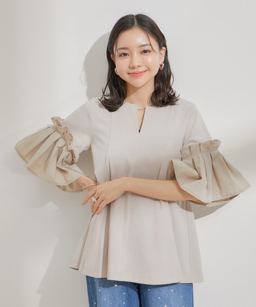 VIS（ビス）の「タックスリーブボリュームチュニック（Tシャツ/カットソー・レディース・ベージュ/ブラック/ホワイト・FREE）」の9枚目の写真