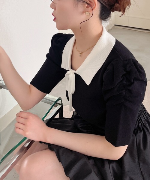 MIIA（ミーア）の「リボン付パワショルニット（ニット/セーター・レディース・オフホワイト/ホワイト系その他2/ブラック系その他/ブラック・FREE）」の4枚目の写真