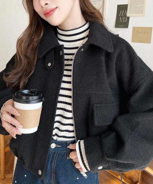 モード ブラック 黒 刺繍 ショールカラー 短丈 ダブル ウール ブルゾン 古着 モード ブラック 黒 刺繍 ショールカラー 短丈 ダブル ウール ブルゾン