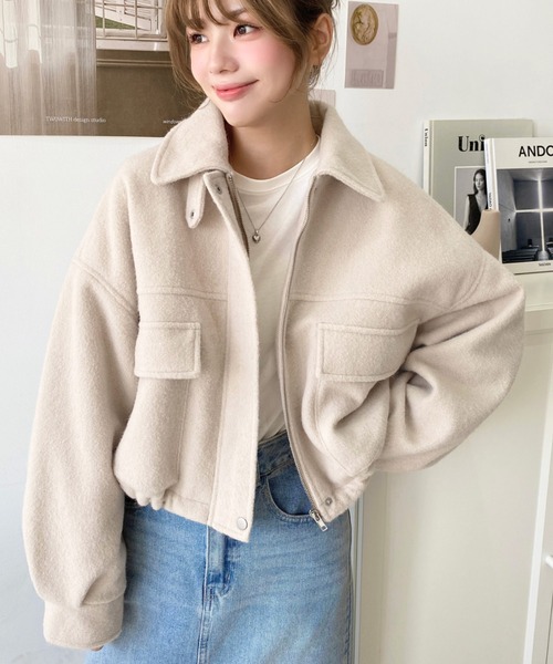 moment+（モーメントプラス）の「フェイクウールモッサ2WAYアレンジカラーショートブルゾン（ミリタリージャケット・レディース・チャコールグレー/ブラック/グレイッシュベージュ/アイボリー・M/L）」の21枚目の写真