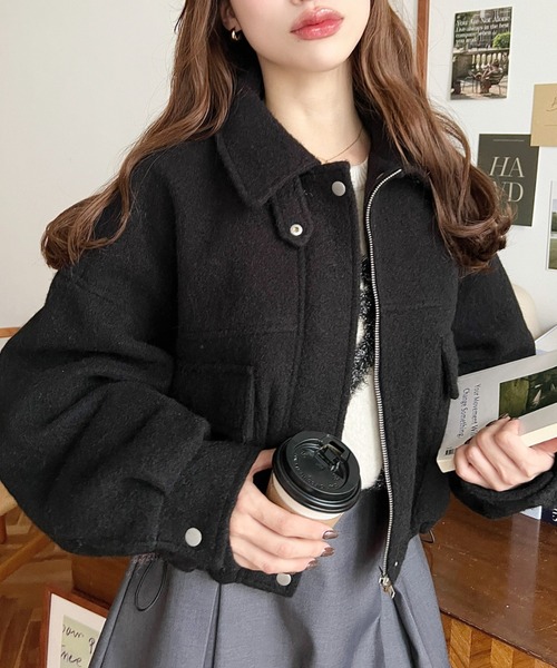 ブルゾン アウター ブラック ウール イタリア製 撥水/防風』ウールブレンドラミネート 中綿ブルゾン(M BLACK