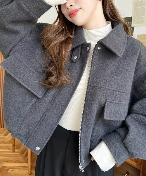 美品❁アニエスベー ウール マオカラーショートジャケット moment+（モーメントプラス）の「フェイクウールモッサ2WAYアレンジ