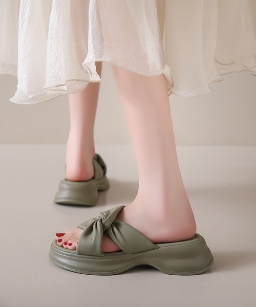 売り切れ★脚長美脚効果！ヌーディーなミュールサンダル サンダル レディース 厚底 ミュール 歩きやすい ウェッジソール ヒール