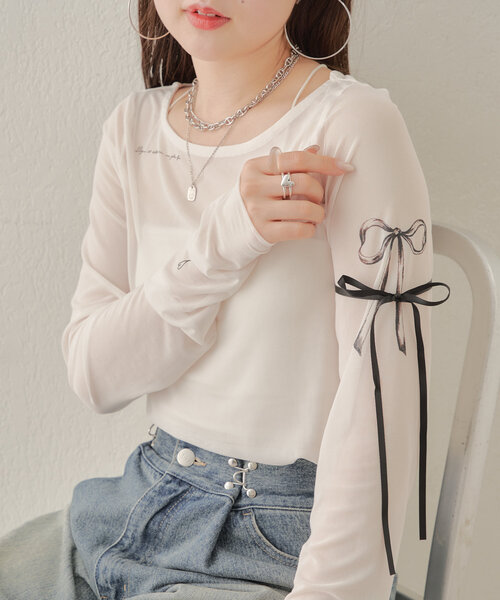 Chico(チコ)の「リボンシアーT(Tシャツ/カットソー・レディース・ブラック/ベージュ/ホワイト・FREE)」の2枚目の写真