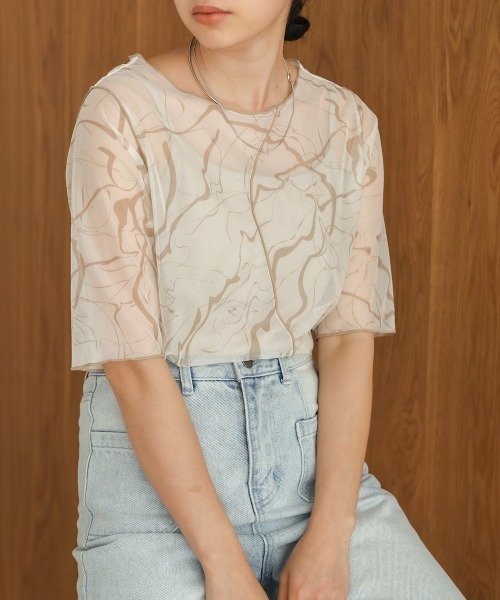 Bab（バブ）の「前後2WAYマーブルシアーメッシュトップス（Tシャツ/カットソー・レディース・ベージュ/モカ/アイボリー・FREE）」の4枚目の写真