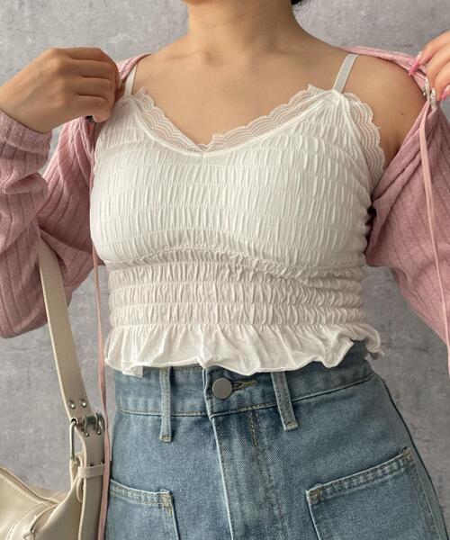 dispark（ディスパーク）の「DISPARK/カップ付きシャーリングフリルキャミソール（キャミソール・レディース・ブラック/ホワイト・FREE）」の4枚目の写真