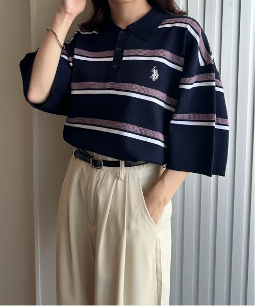 U.S. POLO ASSN.(ユーエスポロアッスン)の「<U.S.POLO ASSN.> ワンポイント刺繍半袖ニットポロシャツ(ニット/セーター・レディース・ネイビー系/ベージュ系その他/オフホワイト/ベージュ/ネイビー/ブラック・M)」の6枚目の写真