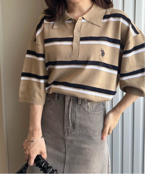 U.S. POLO ASSN.(ユーエスポロアッスン)の「<U.S.POLO ASSN.> ワンポイント刺繍半袖ニットポロシャツ(ニット/セーター・レディース・ネイビー系/ベージュ系その他/オフホワイト/ベージュ/ネイビー/ブラック・M)」の19枚目の写真