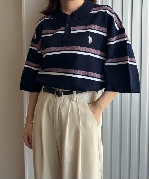 U.S. POLO ASSN.(ユーエスポロアッスン)の「<U.S.POLO ASSN.> ワンポイント刺繍半袖ニットポロシャツ(ニット/セーター・レディース・ネイビー系/ベージュ系その他/オフホワイト/ベージュ/ネイビー/ブラック・M)」の7枚目の写真