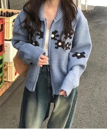 Y2K レトロ 小花柄ニットダブルジップカーディガン