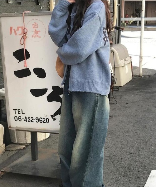 gossip!ロサンゼルス(ゴシップロサンゼルス)の「Y2K レトロ 小花柄ニットダブルジップカーディガン(ニット/セーター・レディース・オフホワイト/グレー/ブルー・FREE)」の5枚目の写真