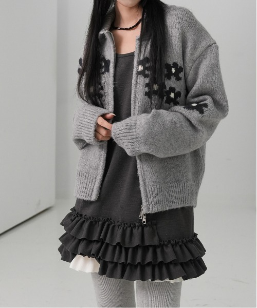 gossip!ロサンゼルス(ゴシップロサンゼルス)の「Y2K レトロ 小花柄ニットダブルジップカーディガン(ニット/セーター・レディース・オフホワイト/グレー/ブルー・FREE)」の14枚目の写真