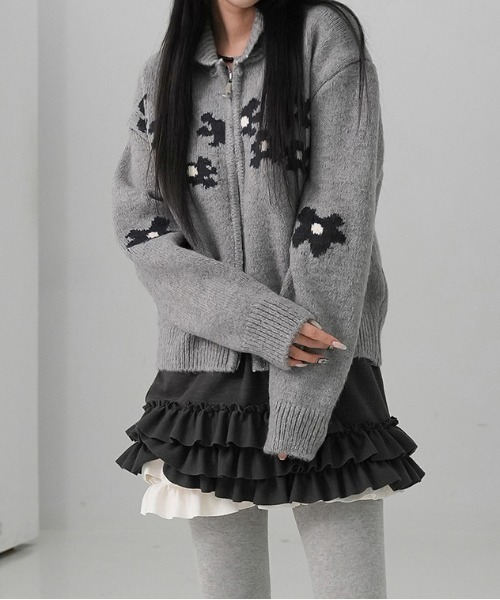 gossip!ロサンゼルス(ゴシップロサンゼルス)の「Y2K レトロ 小花柄ニットダブルジップカーディガン(ニット/セーター・レディース・オフホワイト/グレー/ブルー・FREE)」の20枚目の写真