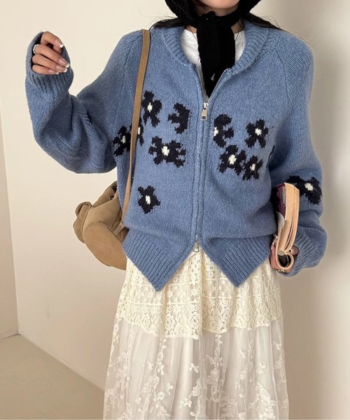 gossip!ロサンゼルス(ゴシップロサンゼルス)の「Y2K レトロ 小花柄ニットダブルジップカーディガン(ニット/セーター・レディース・オフホワイト/グレー/ブルー・FREE)」の8枚目の写真