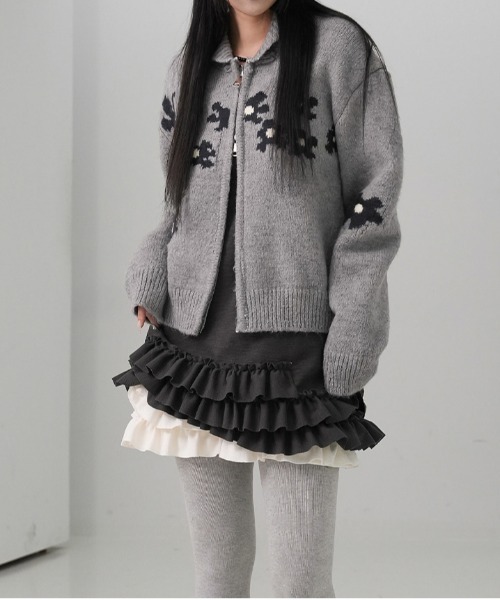 gossip!ロサンゼルス(ゴシップロサンゼルス)の「Y2K レトロ 小花柄ニットダブルジップカーディガン(ニット/セーター・レディース・オフホワイト/グレー/ブルー・FREE)」の21枚目の写真