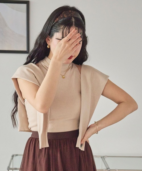LinoU.(リノユー)の「プチハイネックアメスリニット/クルーネックニットカーディガン(ニット/セーター・レディース・ライトベージュ/ピンク/グレー・FREE)」の1枚目の写真