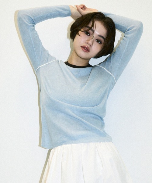 Clum（クルム）の「color pattern bottle neck knit tops / 配色ポイントボトルネックニットトップス（Tシャツ/カットソー・レディース・サックスブルー/ブラウン・FREE）」の2枚目の写真