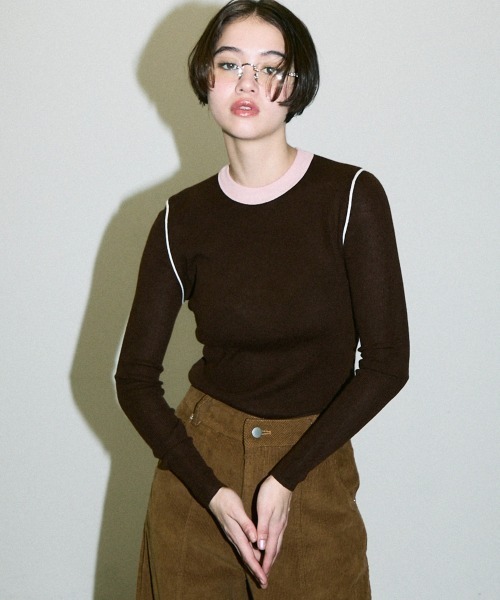 Clum（クルム）の「color pattern bottle neck knit tops / 配色ポイントボトルネックニットトップス（Tシャツ/カットソー・レディース・サックスブルー/ブラウン・FREE）」の3枚目の写真