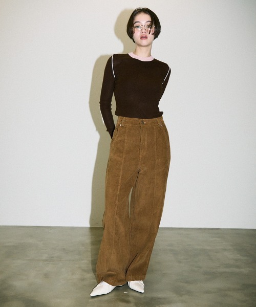 Clum（クルム）の「color pattern bottle neck knit tops / 配色ポイントボトルネックニットトップス（Tシャツ/カットソー・レディース・サックスブルー/ブラウン・FREE）」の11枚目の写真