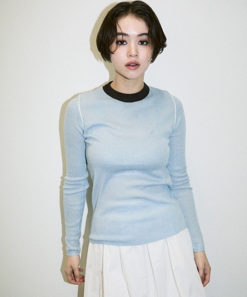 Clum（クルム）の「color pattern bottle neck knit tops / 配色ポイントボトルネックニットトップス（Tシャツ/カットソー・レディース・サックスブルー/ブラウン・FREE）」の16枚目の写真