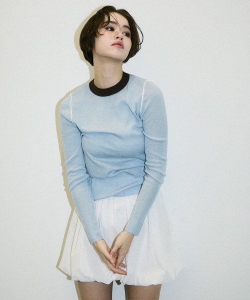 Clum（クルム）の「color pattern bottle neck knit tops / 配色ポイントボトルネックニットトップス（Tシャツ/カットソー・レディース・サックスブルー/ブラウン・FREE）」の18枚目の写真
