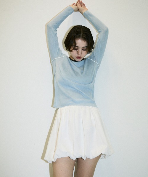 Clum（クルム）の「color pattern bottle neck knit tops / 配色ポイントボトルネックニットトップス（Tシャツ/カットソー・レディース・サックスブルー/ブラウン・FREE）」の19枚目の写真