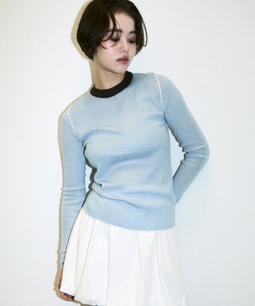 Clum（クルム）の「color pattern bottle neck knit tops / 配色ポイントボトルネックニットトップス（Tシャツ/カットソー・レディース・サックスブルー/ブラウン・FREE）」の20枚目の写真