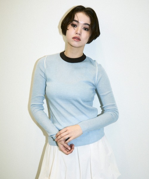 Clum（クルム）の「color pattern bottle neck knit tops / 配色ポイントボトルネックニットトップス（Tシャツ/カットソー・レディース・サックスブルー/ブラウン・FREE）」の21枚目の写真
