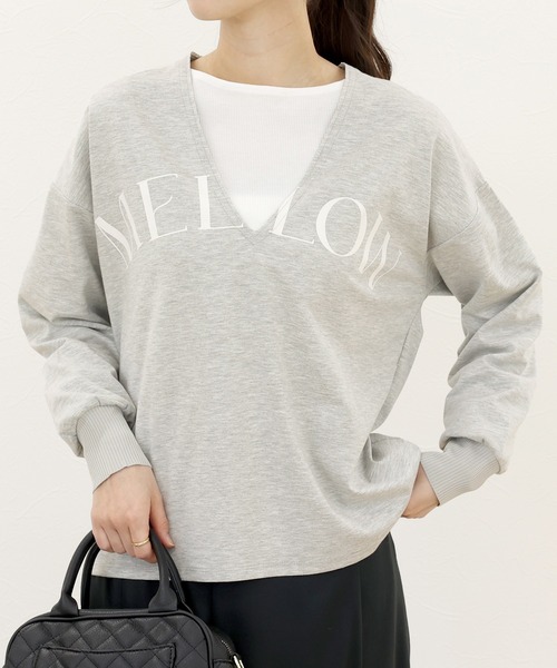Aletta vita(アレッタビータ)の「深Vネックロゴプリントプルオーバー(Tシャツ/カットソー・レディース・オフホワイト/杢グレー/ブラック×ベージュ・F)」の3枚目の写真