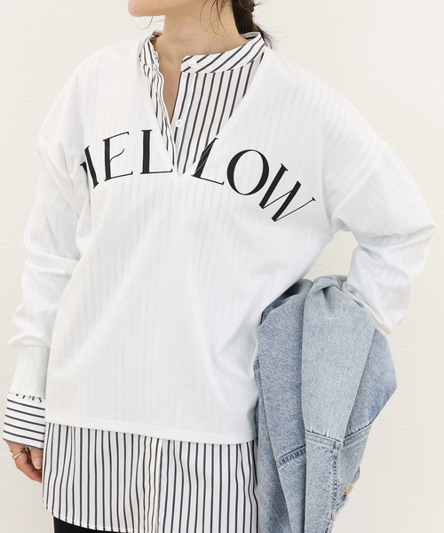 Aletta vita(アレッタビータ)の「深Vネックロゴプリントプルオーバー(Tシャツ/カットソー・レディース・オフホワイト/杢グレー/ブラック×ベージュ・F)」の1枚目の写真