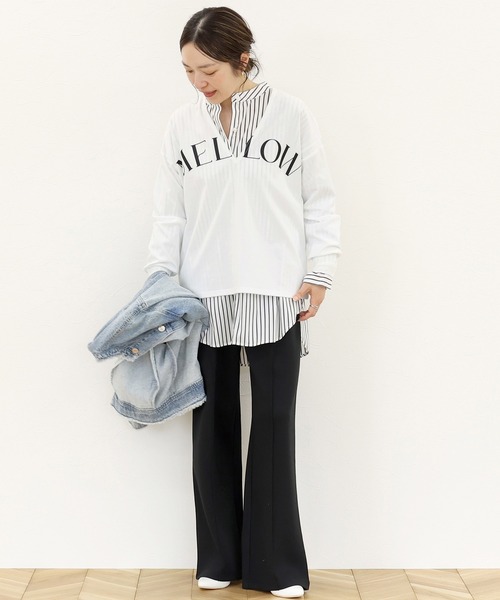 Aletta vita(アレッタビータ)の「深Vネックロゴプリントプルオーバー(Tシャツ/カットソー・レディース・オフホワイト/杢グレー/ブラック×ベージュ・F)」の6枚目の写真