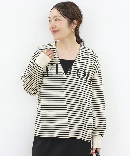 Aletta vita(アレッタビータ)の「深Vネックロゴプリントプルオーバー(Tシャツ/カットソー・レディース・オフホワイト/杢グレー/ブラック×ベージュ・F)」の15枚目の写真
