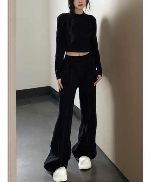 韓国ファッション》2点セット クロップドスウェットパンツセットアップ