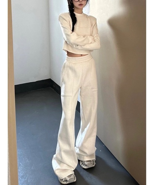 全3色 セットアップ スウェット トップス ワイドパンツ 韓国 韓国ファッション》2点セット クロップドスウェットパンツ