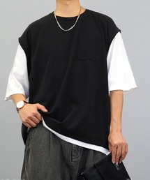 無地 レイヤードトップス ベスト風 Tシャツ
