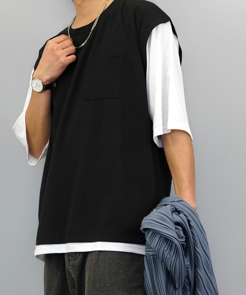 L'atelier（ラトリエ）の「無地 レイヤードトップス ベスト風 Tシャツ（Tシャツ/カットソー・メンズ・ブラック/ブルー系/グレー・LL/L/M）」の6枚目の写真