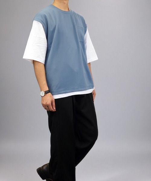 L'atelier（ラトリエ）の「無地 レイヤードトップス ベスト風 Tシャツ（Tシャツ/カットソー・メンズ・ブラック/ブルー系/グレー・LL/L/M）」の22枚目の写真