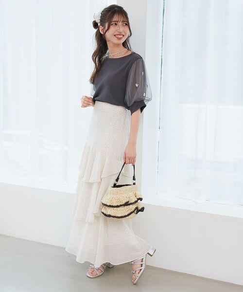 MAJESTIC LEGON（マジェスティックレゴン）の「パールチュールスリーブトップス（Tシャツ/カットソー・レディース・ブラック/アイボリー/ピンク/ライトグリーン/チャコールグレー/ラベンダー・MEDIUM）」の9枚目の写真