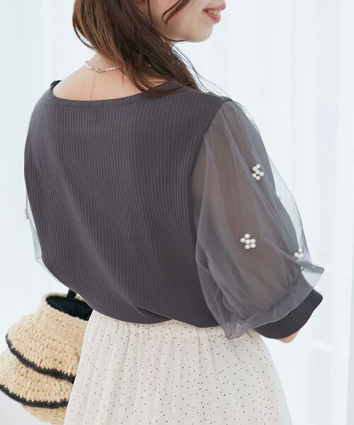 MAJESTIC LEGON（マジェスティックレゴン）の「パールチュールスリーブトップス（Tシャツ/カットソー・レディース・ブラック/アイボリー/ピンク/ライトグリーン/チャコールグレー/ラベンダー・MEDIUM）」の13枚目の写真