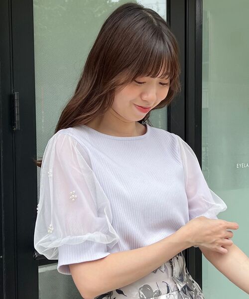 MAJESTIC LEGON（マジェスティックレゴン）の「パールチュールスリーブトップス（Tシャツ/カットソー・レディース・ブラック/アイボリー/ピンク/ライトグリーン/チャコールグレー/ラベンダー・MEDIUM）」の19枚目の写真