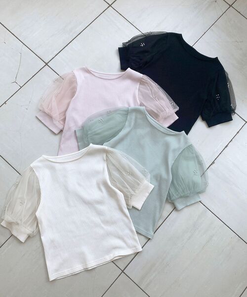 MAJESTIC LEGON（マジェスティックレゴン）の「パールチュールスリーブトップス（Tシャツ/カットソー・レディース・ブラック/アイボリー/ピンク/ライトグリーン/チャコールグレー/ラベンダー・MEDIUM）」の22枚目の写真