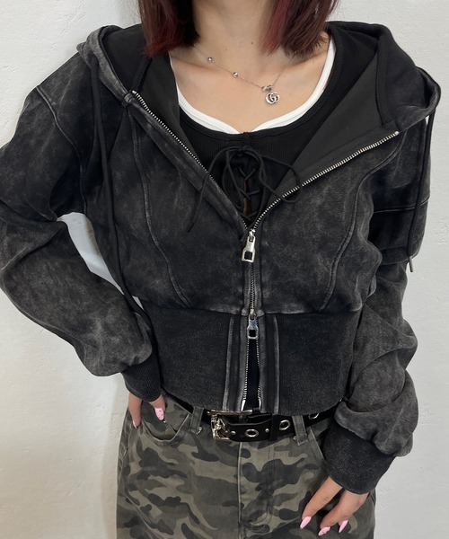 ROGER AND RAW（ロジャーアンドロウ）の「[セットアイテム] レースアップショートTシャツ＆ダブルジップパーカーセット（パーカー・レディース・グレー/ホワイト/ブラック・FREE）」の3枚目の写真