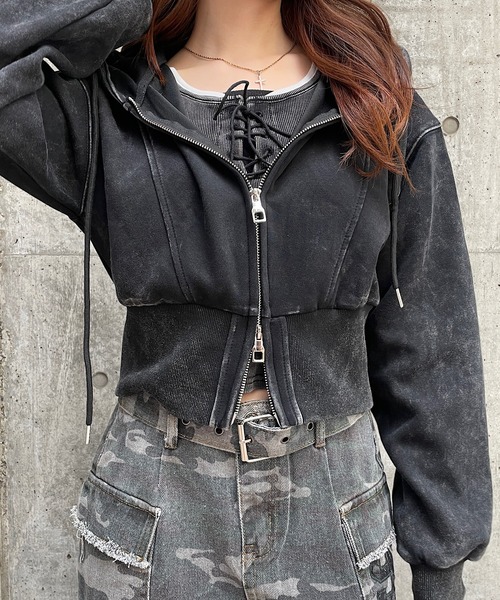 ROGER AND RAW（ロジャーアンドロウ）の「[セットアイテム] レースアップショートTシャツ＆ダブルジップパーカーセット（パーカー・レディース・グレー/ホワイト/ブラック・FREE）」の17枚目の写真