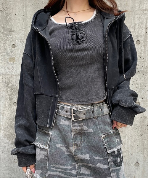 ROGER AND RAW（ロジャーアンドロウ）の「[セットアイテム] レースアップショートTシャツ＆ダブルジップパーカーセット（パーカー・レディース・グレー/ホワイト/ブラック・FREE）」の18枚目の写真