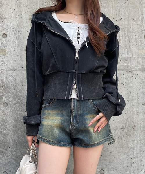 ROGER AND RAW（ロジャーアンドロウ）の「[セットアイテム] レースアップショートTシャツ＆ダブルジップパーカーセット（パーカー・レディース・グレー/ホワイト/ブラック・FREE）」の5枚目の写真